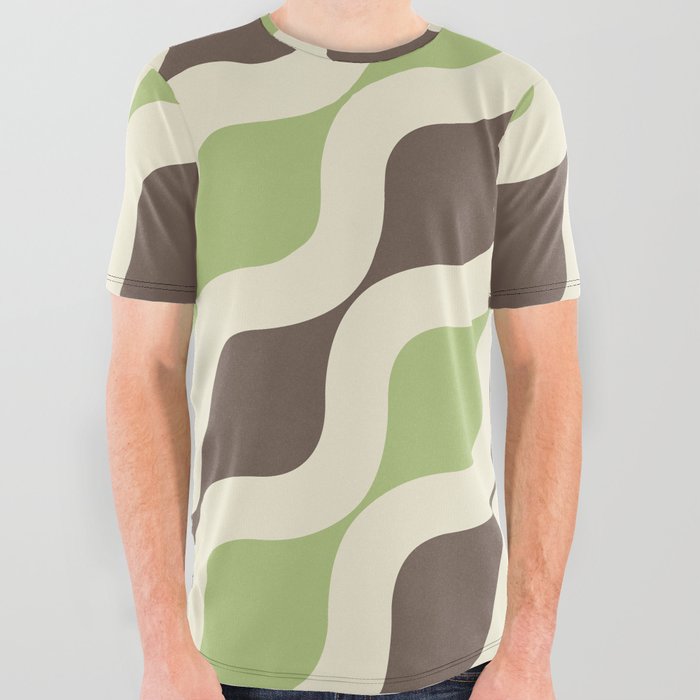 Midcentury Colorful  Geometric Curved lines pattern - Green and brown All Over Graphic Tee