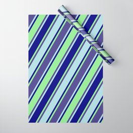 [ Thumbnail: Dark Slate Blue, Powder Blue, Blue, and Light Green Colored Pattern of Stripes Wrapping Paper ]
