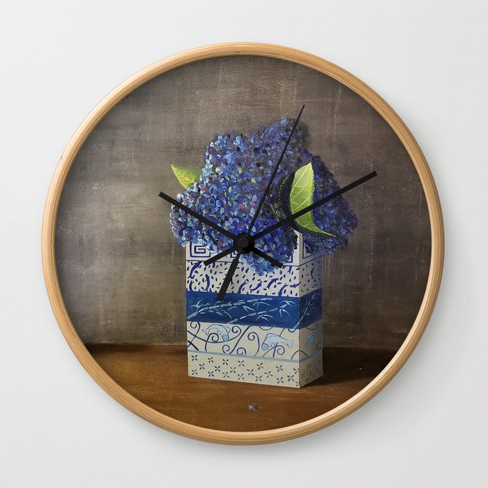 Blue Hydrangeas in Unique Chinese Vases Wall Clock