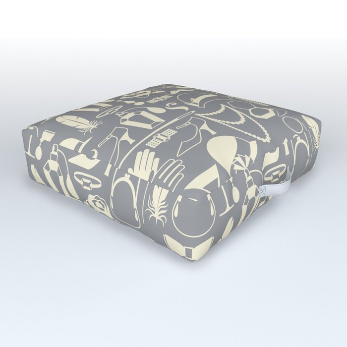 White Fashion 1920s Vintage Pattern on Silver Grey Outdoor Floor Cushion