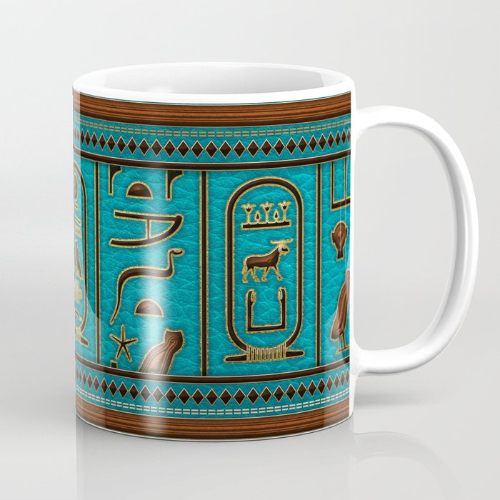 Egyptian Golden Leather hieroglyphs embossed on teal Coffee Mug
