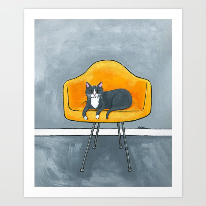 Grey Cat on Yellow Chair 2 Art Print