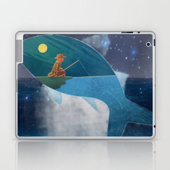 Man fishing in the ocean at night under the moonlight. Laptop & iPad Skin