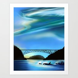 Orca swim in Deception Pass Art Print | Bridge, Island, Landscape, Pnw, Marinelife, Blue, Periwinkle, Nature, Washington, Pacific Northwest 