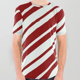 [ Thumbnail: Mint Cream & Dark Red Colored Striped Pattern All Over Graphic Tee ]