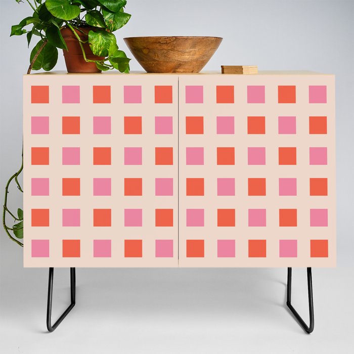Retro Boxes Geometric Check Grid Pattern Pink Orange 2  Credenza