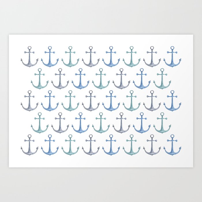 Watercolor Blue Anchor Pattern Nursery Sea Decor Baby Boy Water