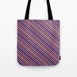 [ Thumbnail: Dark Salmon & Midnight Blue Colored Lines Pattern Tote Bag ]
