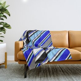 [ Thumbnail: Light Sky Blue, Blue, Gray, White, and Black Colored Striped Pattern Throw Blanket ]