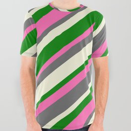 [ Thumbnail: Hot Pink, Dim Gray, Beige, and Green Colored Stripes Pattern All Over Graphic Tee ]