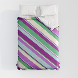 [ Thumbnail: Eye-catching Orchid, Powder Blue, Purple, Sea Green & Beige Colored Stripes/Lines Pattern Comforter ]