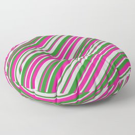 [ Thumbnail: Deep Pink, Light Grey, and Forest Green Colored Lines Pattern Floor Pillow ]