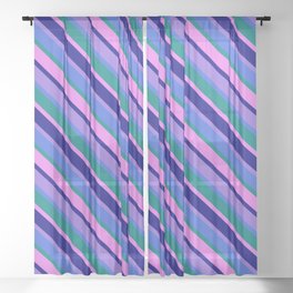 [ Thumbnail: Purple, Royal Blue, Teal, Violet & Blue Colored Stripes/Lines Pattern Sheer Curtain ]