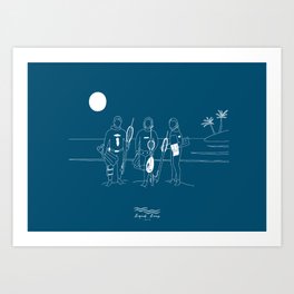 The Spearfishers - Blue Background White Outlines Art Print