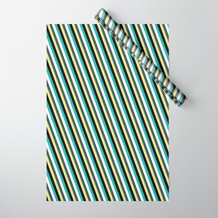 Eyecatching Dark Slate Gray, Tan, Black, Light Sea Green, and White Colored Stripes Pattern Wrapping Paper