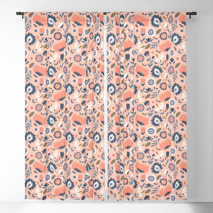 Folk Art Florals in Pink + Blue Blackout Curtain