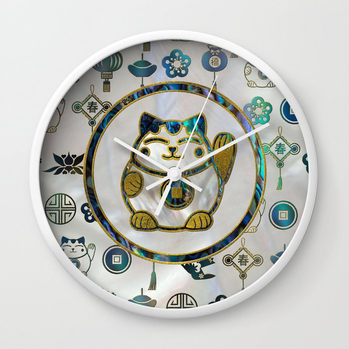 Maneki Neko Lucky cat on  pearl and abalone Wall Clock