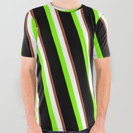 [ Thumbnail: Eyecatching Hot Pink, Brown, White, Chartreuse & Black Colored Pattern of Stripes All Over Graphic Tee ]