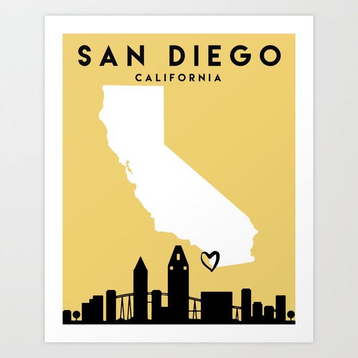 SAN DIEGO CALIFORNIA LOVE CITY SILHOUETTE SKYLINE ART Art Print