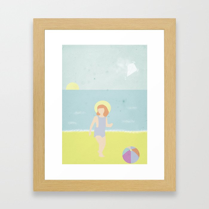 Girl at the beach with kite and ball in the 1950's vintage Framed Art Print