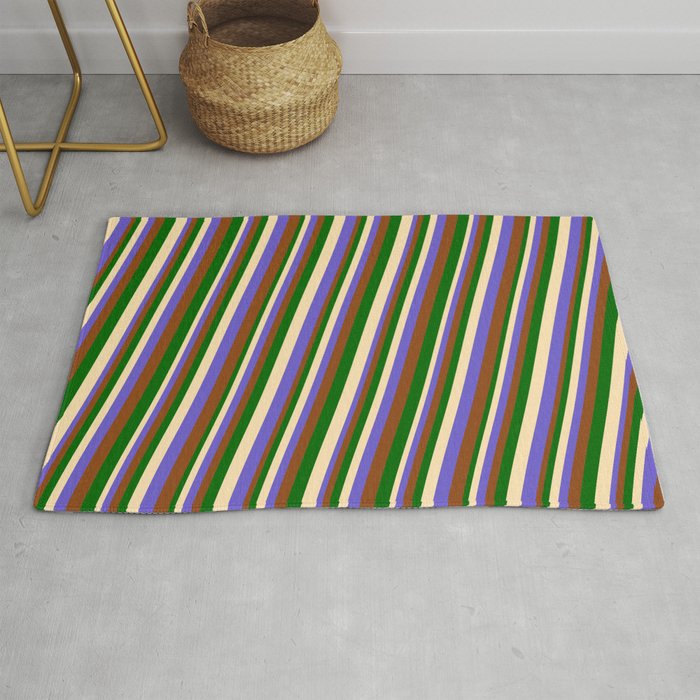Beige, Slate Blue, Brown, and Dark Green Colored Lines/Stripes Pattern Rug