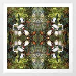 Ancient Emerald Ferns greet Magnolia Blooms Art Print