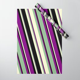 [ Thumbnail: Purple, Dark Sea Green, Light Yellow & Black Colored Lines/Stripes Pattern Wrapping Paper ]