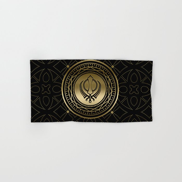 Decorative Khanda Symbol Gold On Black Hand Bath Towel By