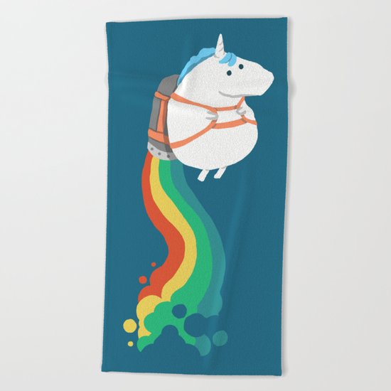 Fat Unicorn on Rainbow Jetpack Beach Towel
