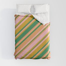 [ Thumbnail: Goldenrod, Sea Green, Brown, and Pink Colored Striped/Lined Pattern Duvet Cover ]