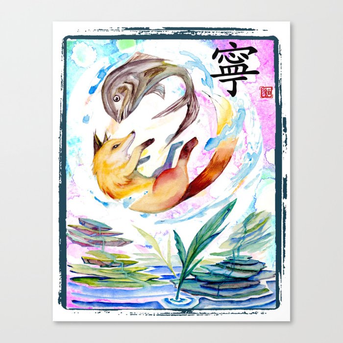Ying Yang Fox In The Air With Fish Canvas Print By Meomeo Society6