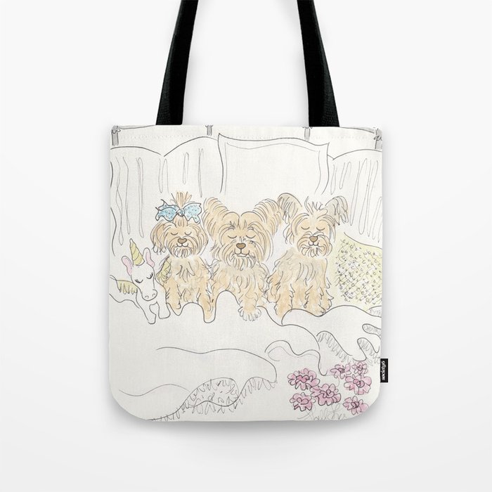 Sweet Yorkie Dogs Cuddle in Bed  Tote Bag