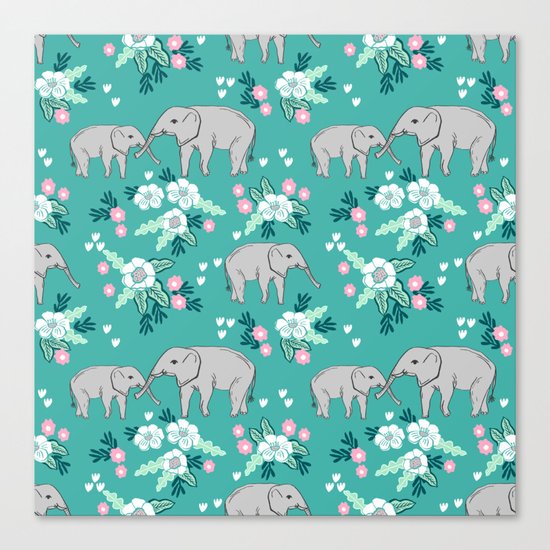 Elephants cute pattern florals good luck flowers and baby animals Canvas Print