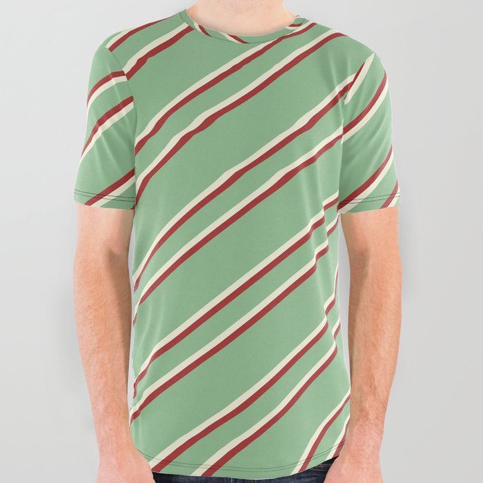 Dark Sea Green, Beige & Brown Colored Stripes Pattern All Over Graphic Tee