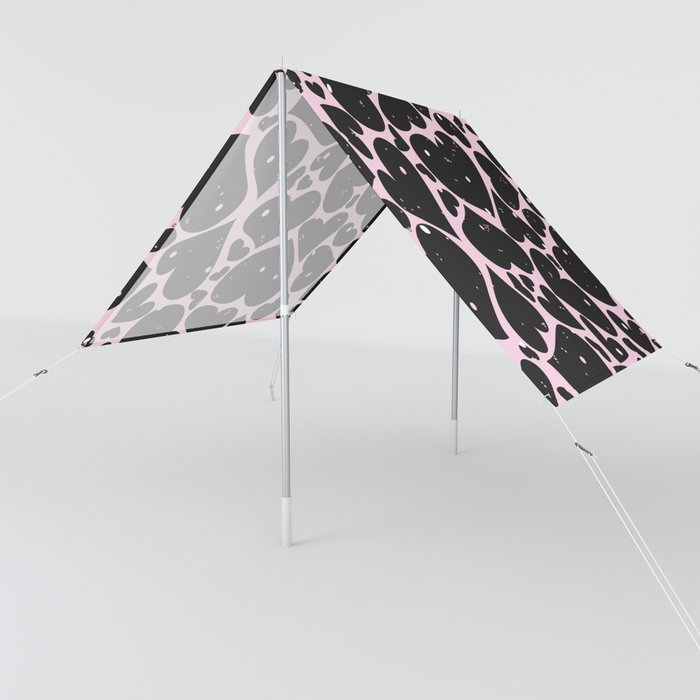 Abstract black hearts pattern with pink and white polka dots Sun Shade