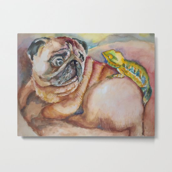 Pug and Chameleon Metal Print