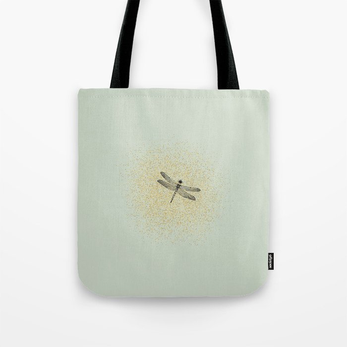 Sketched Dragonfly and Golden Fairy Dust on Pastel Apple Green Tote Bag