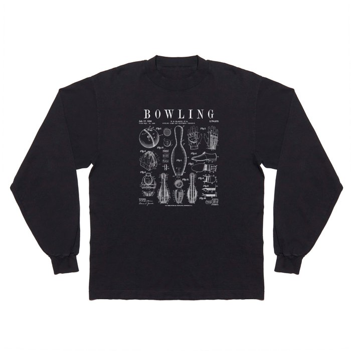 Bowling Pin Ball Bowler Retro Vintage Patent Print Long Sleeve T Shirt