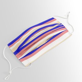 [ Thumbnail: Blue, Light Coral, White & Tan Colored Lined/Striped Pattern Face Mask ]