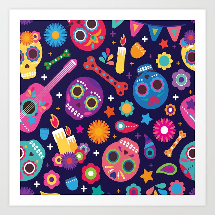Sugar Skulls Colorful Day Of The Dead Art Print By Folknfunky