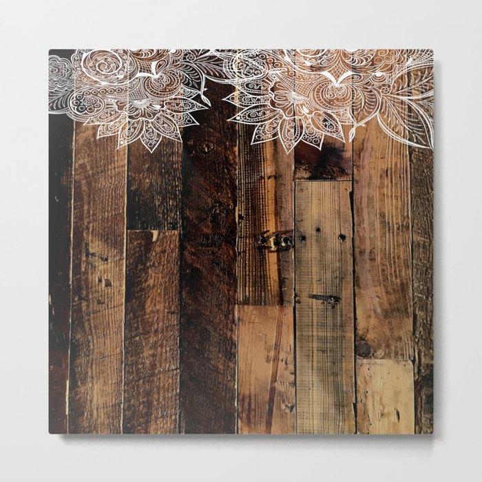 rustic country farmhouse chic vintage lace barnwood Metal Print