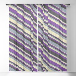 [ Thumbnail: Light Slate Gray, Pale Goldenrod, Indigo, and Black Colored Lined/Striped Pattern Sheer Curtain ]