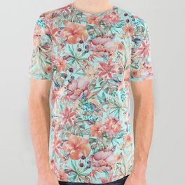 Tropical Jungle Flowers And Birds In Soft Pastels All Over Graphic Tee