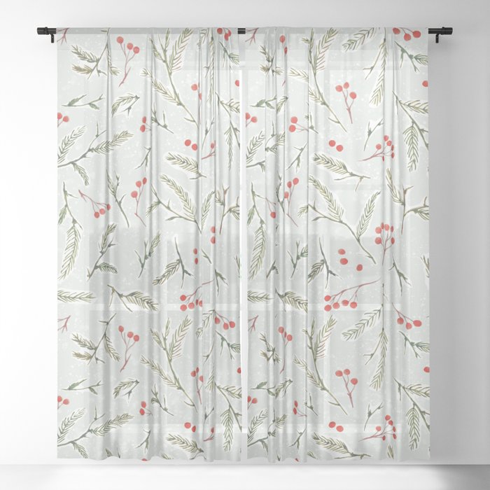 Christmas Pine and Berries Watercolor in Green Frost Sheer Curtain