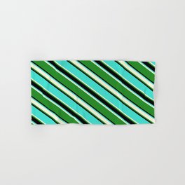 [ Thumbnail: Turquoise, Beige, Forest Green, and Black Colored Lined Pattern Hand & Bath Towel ]