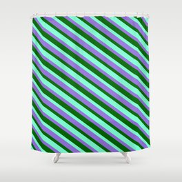 [ Thumbnail: Purple, Dark Green, and Aquamarine Colored Stripes/Lines Pattern Shower Curtain ]