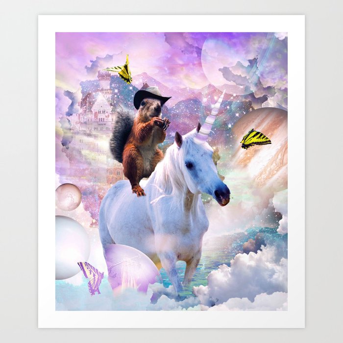 Cowboy Squirrel Riding Unicorn Art Print