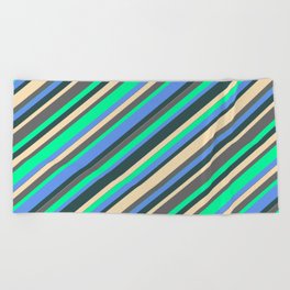 [ Thumbnail: Vibrant Tan, Dim Gray, Green, Cornflower Blue, and Dark Slate Gray Colored Lines/Stripes Pattern Beach Towel ]