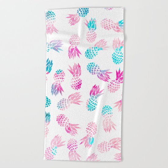 Modern summer tropical pineapple watercolor illustration pattern Beach Towel
