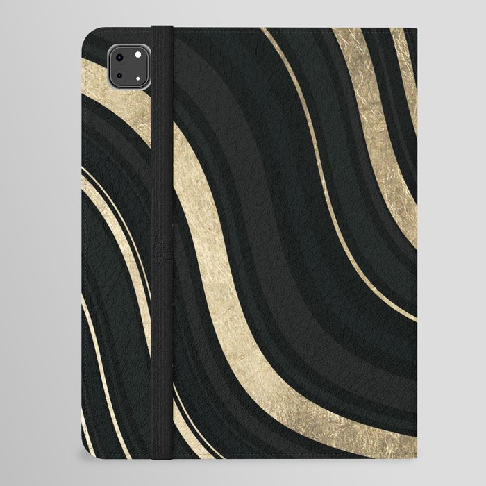 Geometrical abstract black gold wavy lines iPad Folio Case